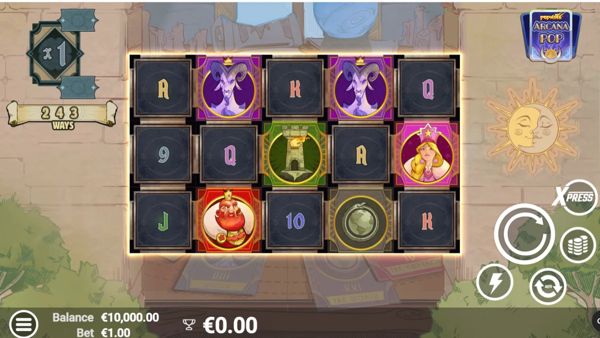 Visual mistis slot Arcana Pop dengan elemen tarot dan simbol astrologi