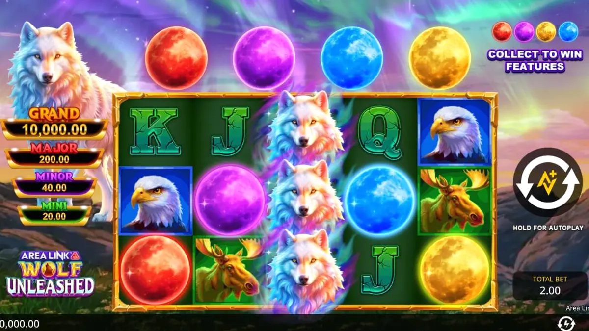 Pemandangan hutan bersalju dengan cahaya Aurora Borealis di slot Area Link Wolf Unleashed