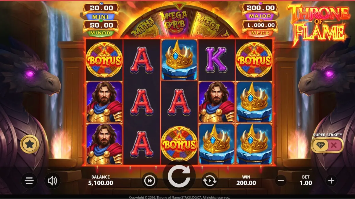 Tampilan visual slot Throne of Flame dengan naga api dan harta karun