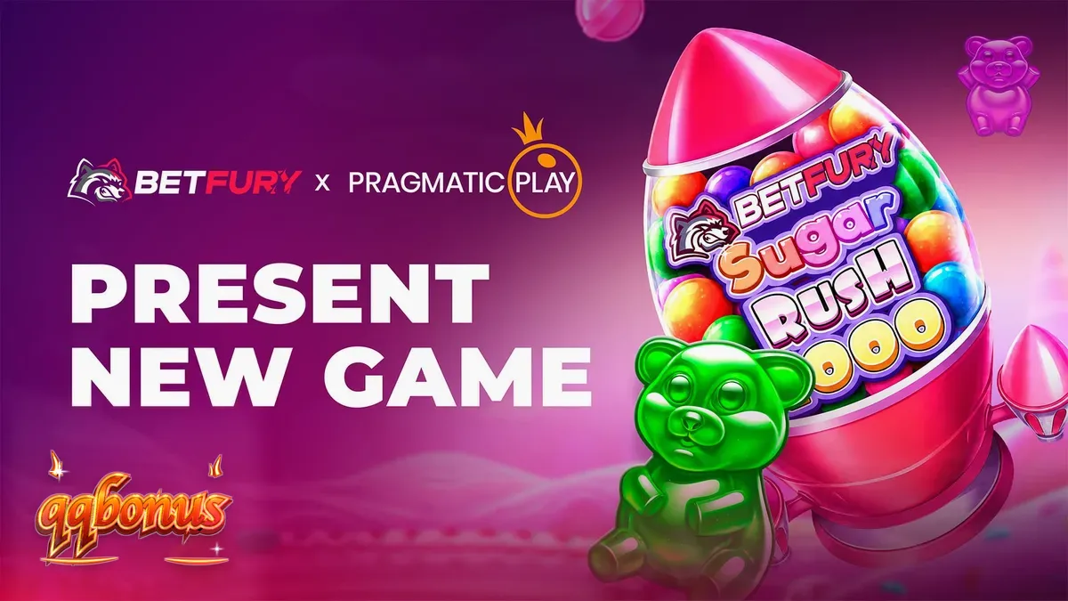 Tampilan visual dari permainan slot BetFury Sugar Rush 1000 dengan tema permen yang cerah.